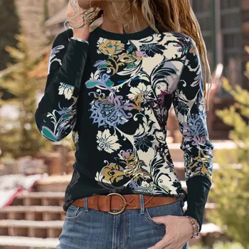Moterų marškinėliai Pavasarį, Rudenį Atsitiktinis O Kaklo Gėlių Spausdinti Laisvi Marškinėliai Moteriška Streetwear ilgomis Rankovėmis Megztinis Naujas Viršūnes Plius Dydis