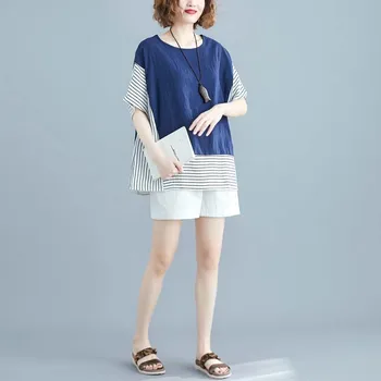 Moterų Medvilnės Skalbiniai Korėjos Marškinėlius Plius Dydis Striped Tee Marškinėliai Femme Negabaritinių Derliaus Dryžuotas Kratinys Vasarą Moteris Viršuje 2020 Naujas