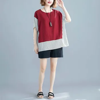 Moterų Medvilnės Skalbiniai Korėjos Marškinėlius Plius Dydis Striped Tee Marškinėliai Femme Negabaritinių Derliaus Dryžuotas Kratinys Vasarą Moteris Viršuje 2020 Naujas