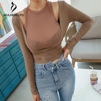 Moterų Netikrą Du Susiuvimo Long Sleeve T-Shirt Atsitiktinis Tuščiaviduriai Off Peties Sexy Trumpi Tshirts Viršūnes Korėjos Važinėti Slim Moteris Viršuje