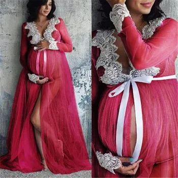 Moterų Nėriniai Motinystės Suknelė Moterims Nėštumo Nėrinių Ilga Suknelė su V-Kaklo, Tuščiaviduriai Iš Suknelė Už Nuotrauką Šaudyti Ilgai-ilgis Fotografijos Rekvizitai