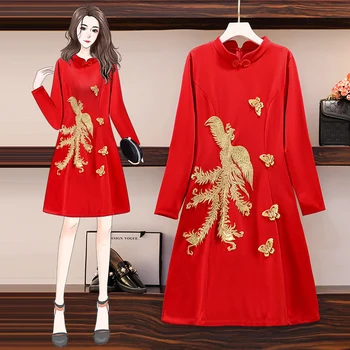 Moterų Plius Dydis Suknelė Kinų Stiliaus-Line Aukštos Juosmens Mandarinų Apykaklės Kelio Ilgis Siuvinėjimo Rudenį Negabaritinių Suknelės