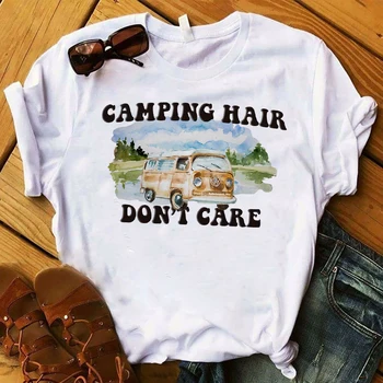 Moterų Ponios Drabužiai, marškinėliai Moteriški Grafinis Tee Marškinėliai Femme Viršuje Marškinėlius Moterims Happy Camper Kelionę Sunkvežimių Spausdinami T