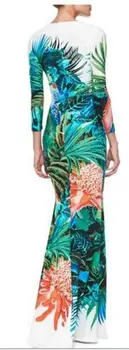 Moterų Prabangos prekių Ženklai Jersey Šilko Suknelė ilgomis Rankovėmis Derliaus Gėlių Spausdinti Bodycon Spandex Tampus Parašas Maxi Suknelė