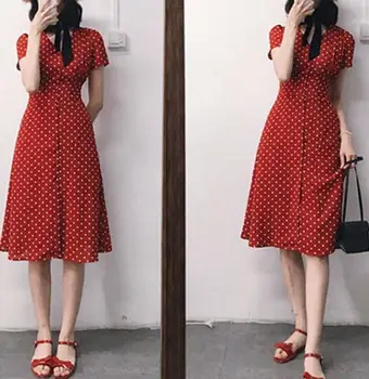 Moterų raudona polka dot suknelė seksualus v-kaklo derliaus maxi vasaros suknelė vidurio elegantiškas šifono trumpomis rankovėmis moterims ilgos suknelės 2021