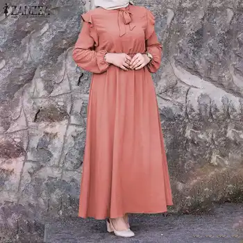 Moterų Retro Musulmonų Abaja Kaftan Ilga Suknelė ZANZEA Ilgio Sluoksniuotos Rankovėmis Kietas Maxi Sundress Dubajus Caftan Marocain Raukiniai Vestidos