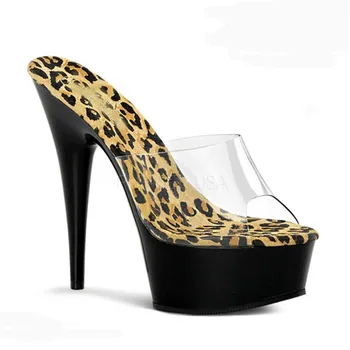 Moterų sandalai, neperšlampami platforma, 15 cm aukščio platforma, leopardas spausdinti naktinis klubas batus, mados pokylių rodo, šlepetės