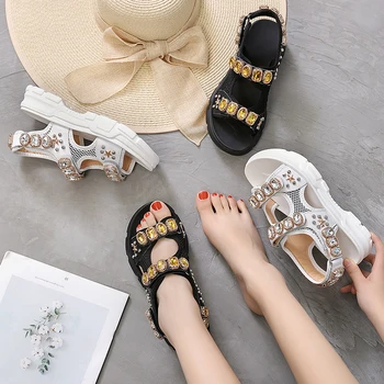 Moterų sandalai vasarą kalnų krištolas odos sandalai moteriška plokščiadugnis mados tendencija moteris batai juodos spalvos aukštos kokybės, prabangos sandalai
