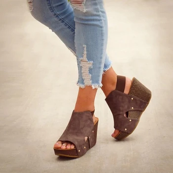 Moterų Sandalai Žuvies Burną, Platforma, Kulniukai Pleišto Sandalai vasarą Bateliai Plokščiu dugnu Sandalai Slip-On Šlaito Sandalai