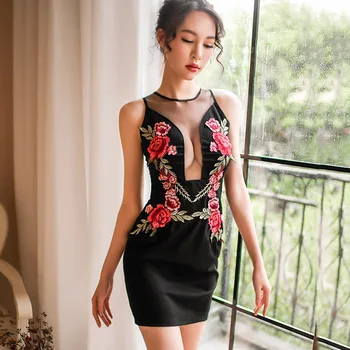 Moterų Sexy Off Peties Gėlių Siuvinėjimas Suknelė Matyti Per Akies Naktiniame Klube Šalis Mini Vilioti Cheongsam Kinų Stiliaus Seksuali Suknelė
