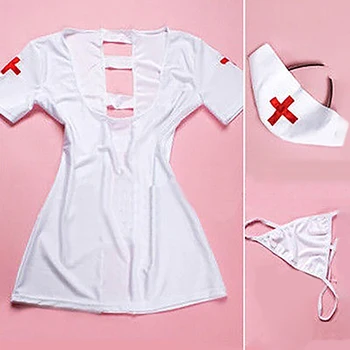 Moterų Sexy Tuščiaviduriai Naktiniai Drabužiai Sleepwear Marškinėliai Kelnaitės Skrybėlę Vienodas Slaugytoja Kostiumas Gilia V Moterų Erotinis Cosplay Sekso Kostiumas Baltas