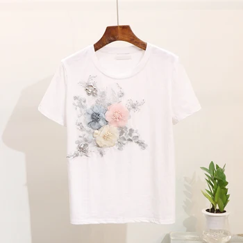 Moterų Siuvinėjimo 3D Gėlių Tshirts + Džinsai 2vnt Drabužių Rinkiniai Vasaros Atsitiktinis Tinka viršų abd kelnes shiort rankovėmis marškinėlius