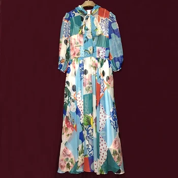 Moterų Suknelė Dizaineris Lankas Apykaklės Išaugo Floral-Print Elegantiškas Atostogų Laisvalaikio Paplūdimio Ilgą Šifono Suknelės 2021 Metų Pavasarį, Vasarą