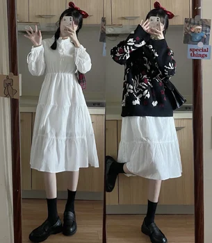 Moterų Suknelė kawaii drabužių saldus lolita dress 2020 m. Nauja Japonų Universalus Lieknėjimo ilgomis Rankovėmis, Baltos spalvos Vidutinio Ilgio Suknelė