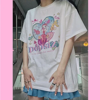 Moterų Summer tee mergina viršūnes Goth Kawaii рубашка женская drabužiai, marškinėliai, viršuje Harajuku stiliaus animaciją mielas raidžių spausdinti White T-shirt