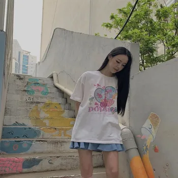 Moterų Summer tee mergina viršūnes Goth Kawaii рубашка женская drabužiai, marškinėliai, viršuje Harajuku stiliaus animaciją mielas raidžių spausdinti White T-shirt
