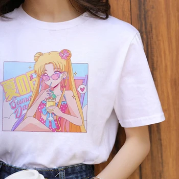 Moterų Ullzang Juokingas Anime Katė T-shirt 90s korėjos Stiliaus Marškinėlius Mados Grafinis Viršuje Tee Moterų Sailor Moon Kawaii Harajuku Marškinėliai