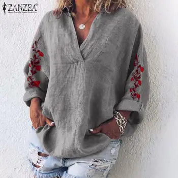 Moterų V-Kaklo, ilgomis Rankovėmis Palaidinė Gėlių Siuvinėjimas Viršūnes ZANZEA Rudenį Medvilnės Skalbiniai, Marškiniai Femme Skraiste Darbo Blusas Chemise Mujer 7
