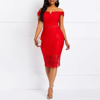 Moterų Vasaros Suknelės Derliaus Elegantiškas Šalis Raudona Office Lady Bodycon Off Peties Kieti Tuščiaviduriai Nėriniai Moterų Mada, Retro Suknelė
