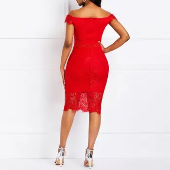 Moterų Vasaros Suknelės Derliaus Elegantiškas Šalis Raudona Office Lady Bodycon Off Peties Kieti Tuščiaviduriai Nėriniai Moterų Mada, Retro Suknelė