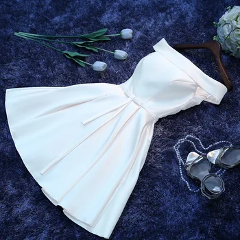 Moterų vestuves suknelė plius dydis off peties satin white trumpas oficialus prom vakarinę suknelę Naujųjų Metų 2021 kokteilių suknelė