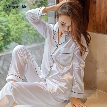 Moterų Šilko Satino Pižama Pižamos Nustatyti Ilgomis Rankovėmis Sleepwear Pijama Pižama Kostiumas Moterų Miego Dviejų Dalių Komplektas Loungewear Plius Dydis