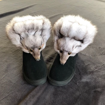 Moterų Žiemos Sniego Batai Dirbtinės Pūkas, Šiltas Platformos Batai Nekilnojamojo Fox Fur Moterų Kulkšnies Batai Slip-On Karvės Suede 2020 Naują Atvykimo
