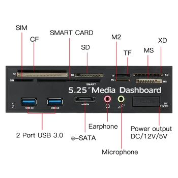 Multi-Funkcija USB 3.0 Hub eSATA Uosto Vidinis Kortelių Skaitytuvas prietaisų Skydelio Žiniasklaidos Priekinio Skydelio Audio SD, MS, CF TF M2 MMC Atminties Kortelės