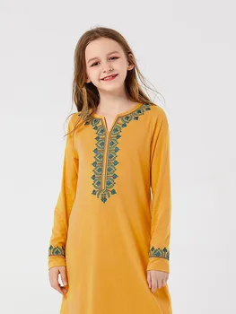 Musulmonų Mergaitės Prakaito Pavasarį Vaikai Maroko Abaja Suknelės Vaikams Islamo Drabužių Dubajus-line Elbise Vestido Kaftan Geltona