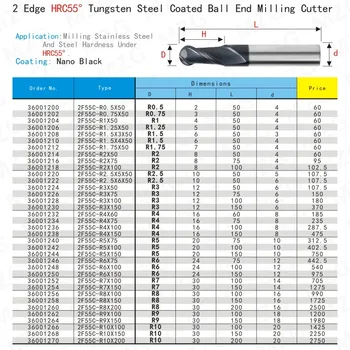MZG 2 Fleita Pjovimo HRC55 1mm, 2mm 3mm, 4mm 5mm Frezavimo Apdirbimo Volframo Plieno Sprial Tiek Frezavimo Cutter Kamuolys Nosies Pabaiga Malūnas