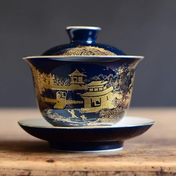 Mėlyna eskizas gaiwan porceliano mėlyna glazūra Kinija puodelį, dubenėlį, puodelį Kinijos tureen keramikos kungfu arbatos rinkinys arbatos būdos dangtį pardavimo