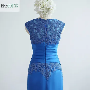 Mėlyna Satino Appliques Nėrinių Duobute Kelio Ilgis Apvalkalą Motina Nuotakos Suknelės su švarkeliu