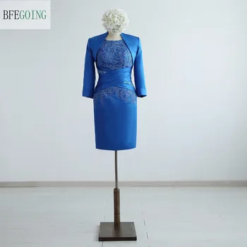 Mėlyna Satino Appliques Nėrinių Duobute Kelio Ilgis Apvalkalą Motina Nuotakos Suknelės su švarkeliu