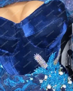 Mėlynos Spalvos Nėrinių Aso Ebi Keltas Suknelės Ilgomis Rankovėmis Undinė Moterų Plius Dydis Vakaro Drabužiai Susiuvimo Sequines Appliques Suknelė