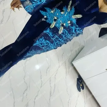 Mėlynos Spalvos Nėrinių Aso Ebi Keltas Suknelės Ilgomis Rankovėmis Undinė Moterų Plius Dydis Vakaro Drabužiai Susiuvimo Sequines Appliques Suknelė