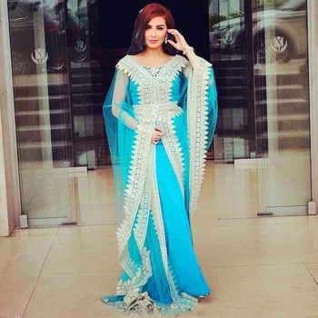 Mėlynos Spalvos Šifono Ilgomis Rankovėmis Vakarą Nemokamas Pristatymas Arabų Kaftans Vakarinę Suknelę 2019 Vestidos De Gala Largos Oficialų Prom Dresses