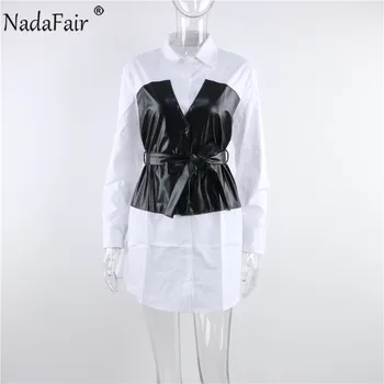 Nadafair Ilgomis Rankovėmis Mini Suknelė Moterims Tunika Lankas Varčios-Line Įvyniojimas Marškinėliai Odos Kratinys Atsitiktinis Trumpas 2021 M. Moters Suknelė