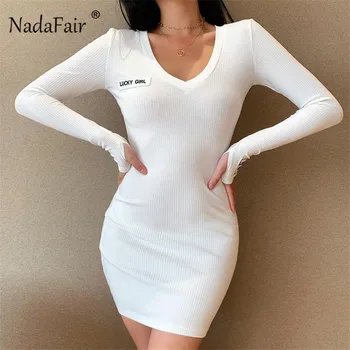 Nadafair Žiemos Ilgos Rankovės Klubas Bodycon Suknelė Moterims 2020 V Kaklo Rudenį Pagrindinio Wrap Balta Juoda Megzta Suknelė Vestidos
