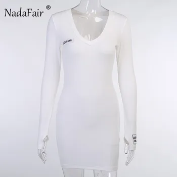 Nadafair Žiemos Ilgos Rankovės Klubas Bodycon Suknelė Moterims 2020 V Kaklo Rudenį Pagrindinio Wrap Balta Juoda Megzta Suknelė Vestidos
