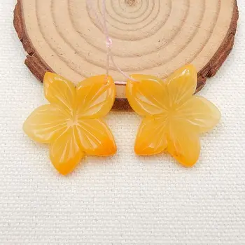 Natūralaus Akmens Geltona Jade Raižyti Gėlių Pavasario Stiliaus Auskarai Pora 27x25x3mm 8g