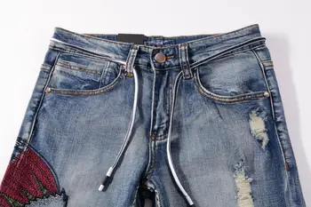 Nauja Europos mados vyrų vyrų atsitiktinis trimatis Indijos siuvinėjimo kelnes burred tiesios kelnės džinsai