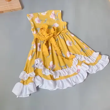 Nauja mergina dizaino Vasaros Vaikų Medvilnės geltona gėlių raštas nėrinių suknelė Tamsiai sukama suknelė su juostos