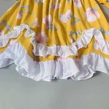 Nauja mergina dizaino Vasaros Vaikų Medvilnės geltona gėlių raštas nėrinių suknelė Tamsiai sukama suknelė su juostos