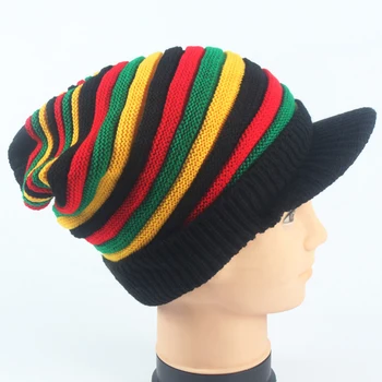 Nauja, Moterų Žiemos Šiltas Megztas Dryžuotas Kalpokių Skrybėlę Vaivorykštė Mezgimo Kepurė Jamaikos Kraštų Skydelis Bžūp Skrybėlės