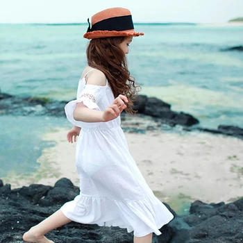 Nauja vasaros mergaitės suknelė balta paauglių mergaičių slydimo suknelė medvilnės vaikų paplūdimys stiliaus suknelė korėjos laisvalaikio vaikas nėrinių suknelės gana
