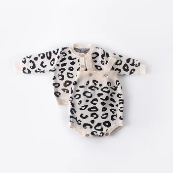 Naujagimio Mergina Romper Medvilnės Baby Cardigan Megztinis Romper Baby Girl Drabužių Rudens Leopard Megzti Vaikiški Drabužiai Jumpsuit