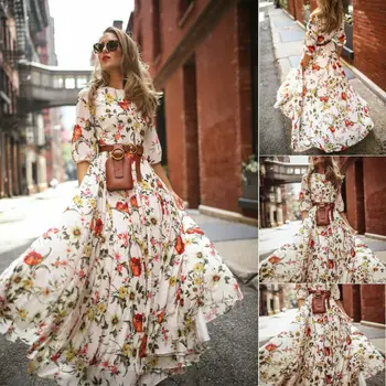 Naujas 2019 Moterų Rudenį Atsitiktinis Boho Gėlių Ilga Suknelė Ilgomis Rankovėmis Vakare Šalies Aukšto Juosmens Suknelės