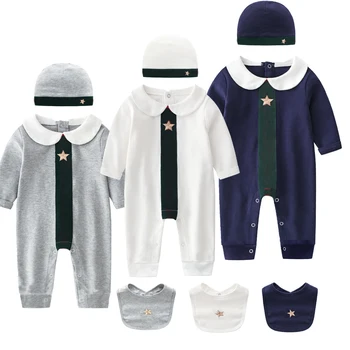Naujas atvykimo Pavasario ir rudens mados prekės ženklo stiliaus kūdikių drabužiai Medvilnės ilgomis rankovėmis kratinys romper skrybėlę ir Seilinukai 3-piece set