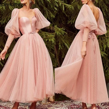 Naujas Atvykimo Tiulio Nėrinių ilgomis rankovėmis Prom dresses 2020 Kulkšnies Ilgis Trumpas Prom dress vestidos de fiesta largos elegantes de gala
