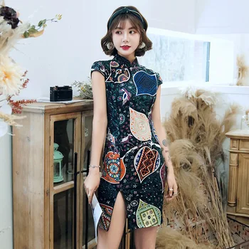 Naujas Atvykimo Trumpas Stiliaus Moterų Mini Cheongsam Vasaros Kinijos Viskozė Slim Qipao Suknelė Vestidos Dydis S-2XL